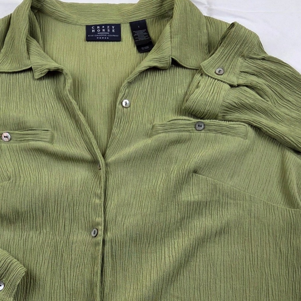 Crazy Horse Button Down Shirt Green Crinkle Textured Blouse Size 1 Fits L XL